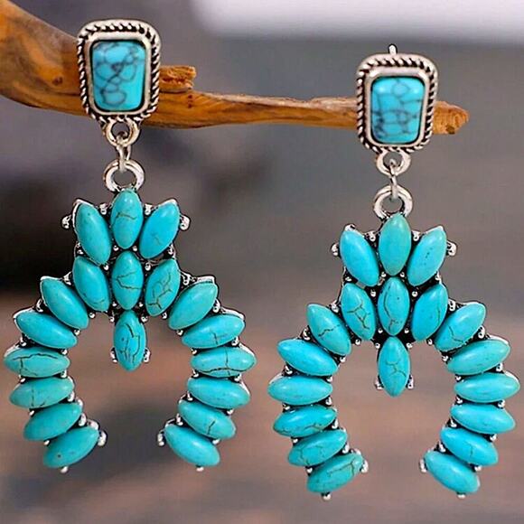 Bohemian Handmade Turquoise Dangle Earrings, Boho , Western, B… - Picture 2 of 4